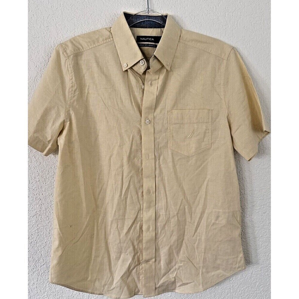 Nautica Mens Classic-Fit Oxford Shirt Short-Sleeve Stretch Cotton Yellow Size S